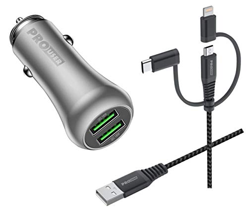 Pro User Set: Dual Car USB Charger 36W und 3-in-1 USB Kabel mit MFI: Auto Ladegerät aus Aluminium mit 2 USB-A Ausgängen und einem Allround USB Kabel der Spitzenklasse 5A von Pro User