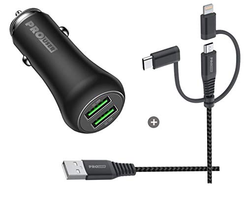 Pro User Set: Dual Car USB Charger 36W und 3-in-1 USB Kabel: Auto Ladegerät aus Aluminium mit 2 USB Ausgängen + Allround Kabel der Spitzenklasse - Lightning - iPhone - USB-C - Samsung von Pro User