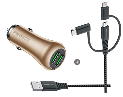 ProUser Set aus 2-Fach Car USB Charger 36W und 3-in-1 Kabel 60 cm mit 3A: Auto Ladegerät aus Aluminium mit 2 Ausgängen (Gold) von Pro User