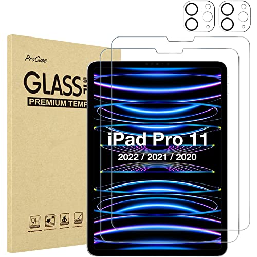 ProCase 2+2 Pack Schutzfolie für iPad Pro 11 Zoll 2022/2021/2020/2018 (4./3./2./1. Generation) 9H Gehärtetes Glas mit Kamera Schutz Folie Screen Protector für iPad Pro 11" von ProCase