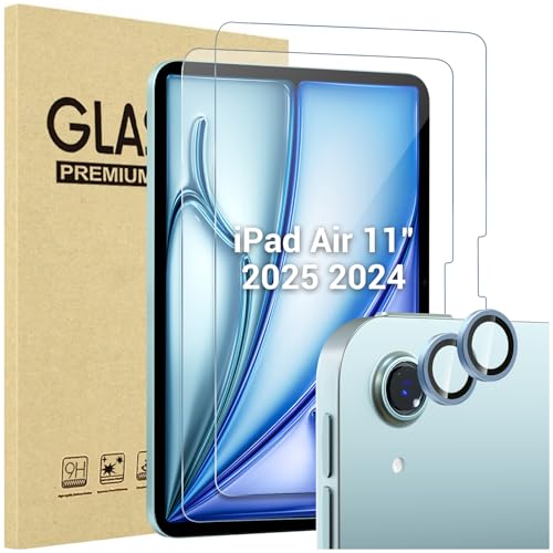 ProCase 2 Stück Schutzfolie für iPad Air 11" 2025 M3/2024 M2 + 2 Pack Kamera-Objektivschutz passend zu iPad Farben, 9H gehärtetes Schutzglas für iPad Air 11" 2025 M3/ 2024 M2 -Blau von ProCase