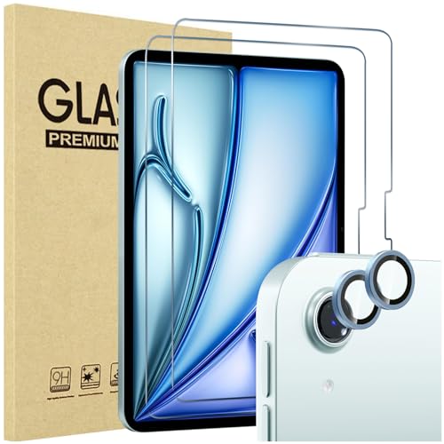 ProCase 2 Stück Schutzfolie für iPad Air 13" 2025/2024 + 2 Pack Kamera-Objektivschutz passend zu iPad Farben, 9H gehärtetes Schutzglas für iPad Air 13" 2025 M3/2024 M2 -Blau von ProCase