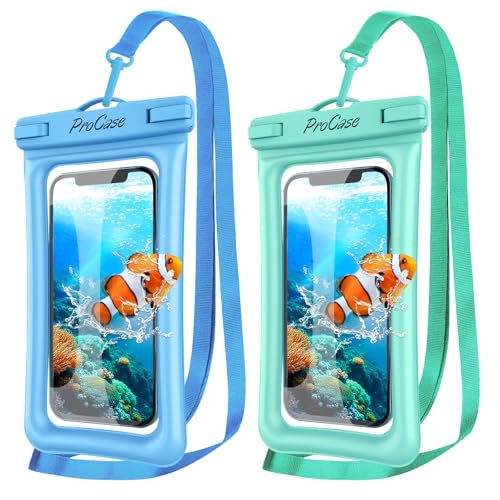 ProCase 2 Stück wasserdichte Handyhülle Schwimmend Floating IPX8 Wasserfest Phone Pouch Case Unterwasser Handytasche für iPhone 14 13 12 11 Plus Pro Galaxy S22 bis zu 7 Zoll Smartphones -Blau/Grün von ProCase
