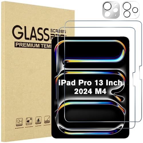 ProCase 2er Pack Displayschutzfolien für iPad Pro 13 Zoll (M4) 2024 inkl. 2 Schutzfolien für die Kameralinse,9H Hard HD Panzer Schutz Glas für iPad Pro 13" 7 Gen 2024 -Klar+Silber von ProCase