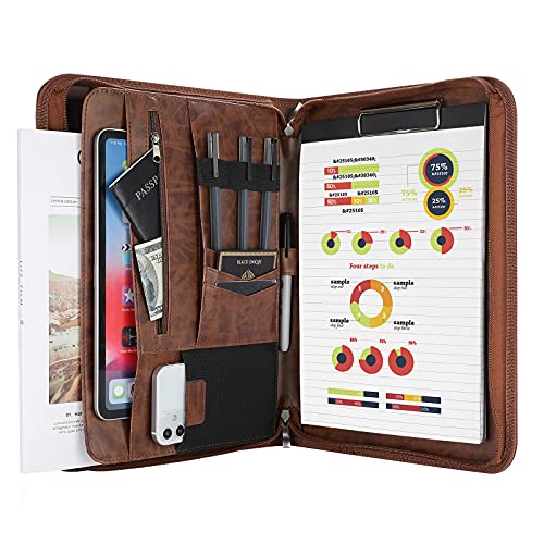 ProCase A4 Schreibmappe PU Kunstleder Konferenzmappe Portfolio mit Reißverschluss Klemmbrett Notizblock Business Dokumentenmappe, leichtes, langlebiges Material- Braun von ProCase