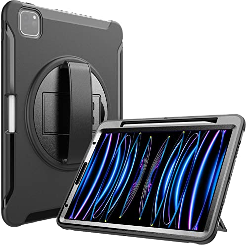 ProCase Hart Hülle mit Stifthalter für iPad Pro 11 Zoll 2022/2021/2020 (4/3/ 2 Generation), Stoßfest Ganzkörper Kind Schutzhülle mit 360 Drehständer Heavy Duty Hybrid Cover Case –Schwarz von ProCase