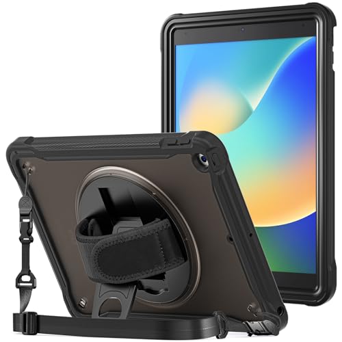 ProCase Hülle für iPad 10,2 Zoll (9./8./7. Generation, 2021/2020/2019), Schutzhülle mit 360 Grad Drehbarer Handschlaufe Ständer, Stoßfest Robust Case Hybrid Cover für iPad 10.2 -Schwarz von ProCase