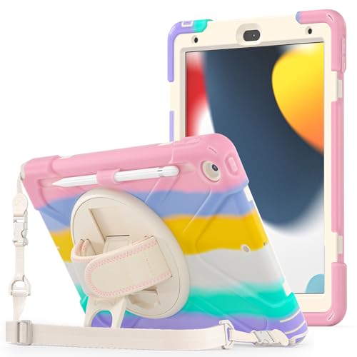 ProCase Hülle mit Stifthalter Gurt Handschlaufe für iPad 10.2 Zoll 2021 9th /2020 8th /2019 7th Gen, Schutzhülle mit Pencil Holder, Stoßfest Robust Case Hybrid Cover -Colorfulpink von ProCase