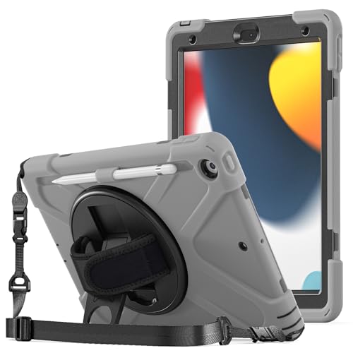 ProCase Hülle mit Stifthalter Gurt Handschlaufe für iPad 10.2 Zoll 2021 9th /2020 8th /2019 7th Gen, Schutzhülle mit Pencil Holder, Stoßfest Robust Case Hybrid Cover -Grau von ProCase