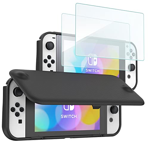 ProCase Klapp Schutzhülle + (2 Stück) Displayschutz für Nintendo Switch (OLED Modell) Weich dünn TPU Stoßfest Hülle + 2 Hartglas Blasenfrei Displayschutzfolien aus gehärtetem Glas -Schwarz von ProCase