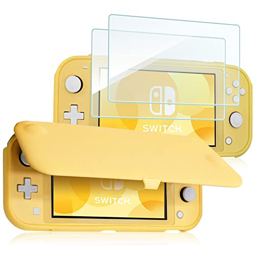 ProCase Klapp Schutzhülle + (2 Stück) Displayschutzfolien für Nintendo Switch Lite 2019, Weich dünn TPU Stoßfest Hülle + 2 Hartglas Blasenfrei Displayschutzfolien aus gehärtetem Glas –Gelb von ProCase