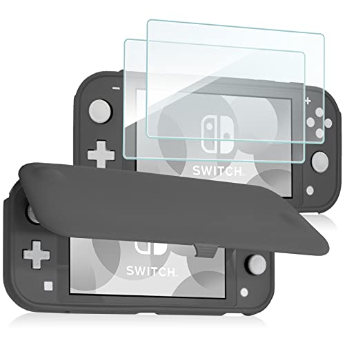 ProCase Klapp Schutzhülle + (2 Stück) Displayschutzfolien für Nintendo Switch Lite 2019, Weich dünn TPU Stoßfest Hülle + 2 Hartglas Blasenfrei Displayschutzfolien aus gehärtetem Glas –Grau von ProCase