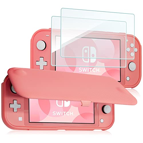 ProCase Klapp Schutzhülle + (2 Stück) Displayschutzfolien für Nintendo Switch Lite 2019, Weich dünn TPU Stoßfest Hülle + 2 Hartglas Blasenfrei Displayschutzfolien aus gehärtetem Glas –Korall von ProCase