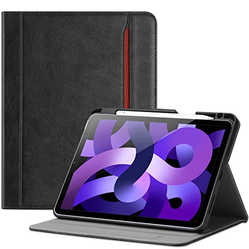 ProCase Leder Hülle mit Stifthalter für iPad Air 5 Gen 2022/4 Gen 2020 10.9 Zoll,mit Kartenfach Multi Blickwinkel, Premium Lederhülle PU Folio Ständer Case Cover -Schwarz von ProCase