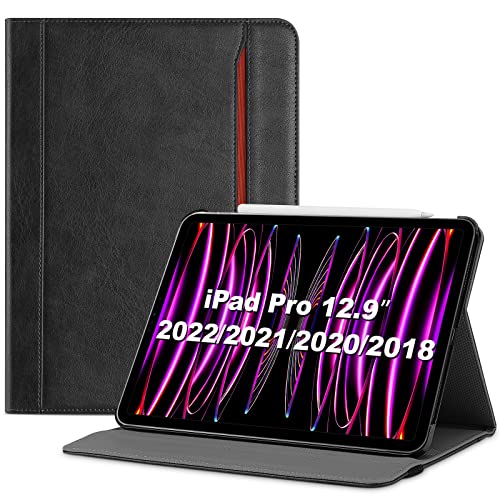ProCase Lederhülle für iPad Pro 12.9 Zoll 2022/2021, Schutzhülle mit Kartenfach Multi Blickwinkel, Premium PU Leder Folio Ständer Hülle Case Cover -Schwarz von ProCase