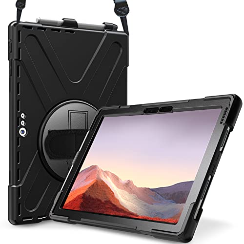 ProCase Stoßfest Hülle mit Ständer und verstellbar Schultergurt für Surface Pro 7 Plus, Pro 7/ Pro 6 / Pro 5(2017)/ Pro 4 / Pro LTE, Robust Heavy Duty Hybrid Schutzhülle mit Gurt -Schwarz von ProCase