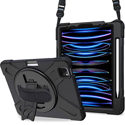 ProCase Stoßfest Robust Hülle für iPad Pro 11 Zoll 2022/2021/2020 (4/3/ 2 Generation), Schutzhülle mit 360°Drehstand verstellbar Schultergurt, Heavy Duty Case Hybrid Full Body Cover -Schwarz von ProCase