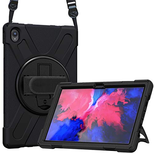 ProCase Stoßfest Schutzhülle für 11 Zoll Lenovo Tab P11 (TB-J606F TB-J606X) 2020 Released Tablet, 360 Grad Drehung Hybrid Robuste Hülle mit Ständer, Handschlaufe Schultergurt –Schwarz von ProCase