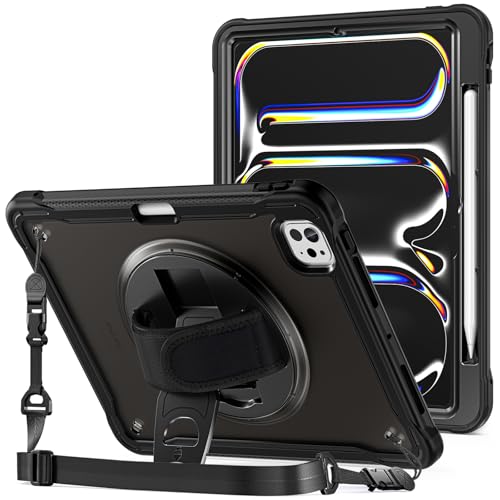 ProCase Stoßfeste Hülle für 11" iPad Pro (M4) 2024, Robuste Schutzhülle mit Handschlaufe 360 Grad Drehständer Kickstand Heavy Duty Cover Case - Schwarz von ProCase