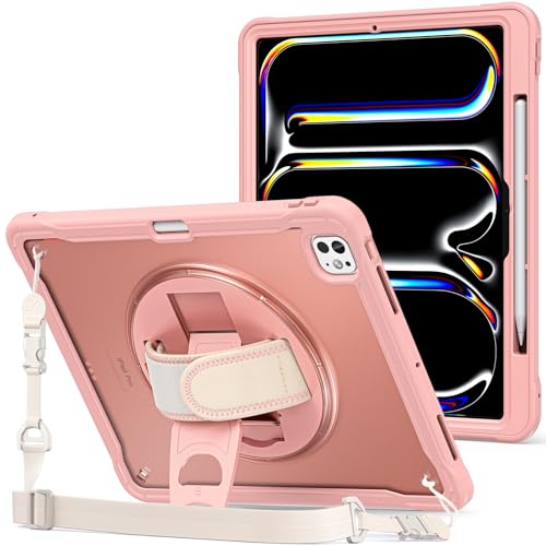 ProCase Stoßfeste Hülle für 13" iPad Pro (M4) 2024, Robuste Schutzhülle mit Handschlaufe 360 Grad Drehständer Kickstand Heavy Duty Cover Case Kompatibel mit 13 Zoll iPad Pro -Pink von ProCase