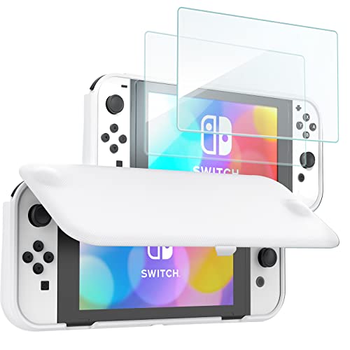 Procase Klapp Schutzhülle + (2 Stück) Displayschutz für Nintendo Switch (OLED Modell) Weich dünn TPU Stoßfest Hülle + 2 Hartglas Blasenfrei Displayschutzfolien aus gehärtetem Glas -Weiß von ProCase