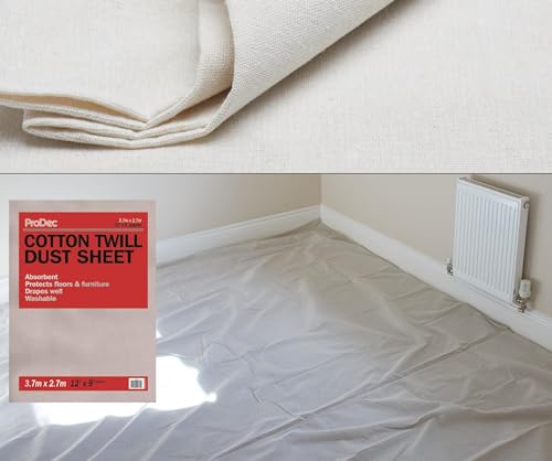 ProDec 3,6 m x 2,7 m Baumwoll-Staubschutzfolie zum Dekorieren, Teppichschutz, waschbares Falltuch, Farbschutz, Malerbögen, strapazierfähige Staubschutzfolien für Möbel, Dekorationsbögen, Farbbögen von ProDec