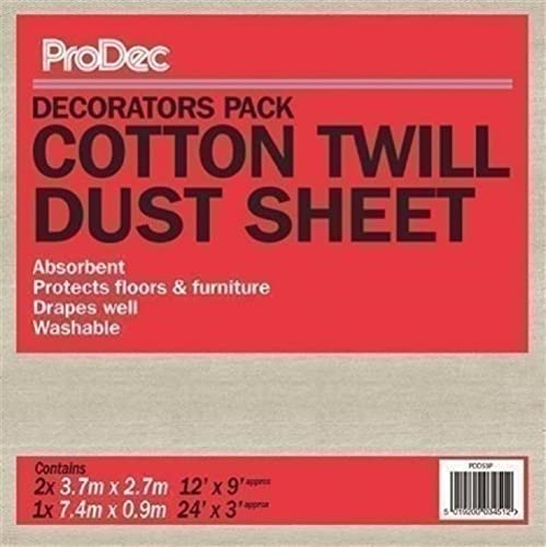 ProDec 3er-Pack 3,6 m x 2,7 m und 7,2 m x 0 9 m Strapazierfähige Staubschutztücher aus Baumwolltwill zum Abdecken von Böden, Möbeln, Treppen, Fluren, Korridoren und Böden von ProDec