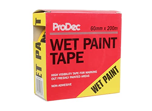 ProDec 60 mm x 200 m Warnschutzband für nasse Farbe, nicht klebendes gelbes und schwarzes Klebeband zum Hervorheben frisch gestrichener Bereiche, Lieferung in Spenderbox von ProDec