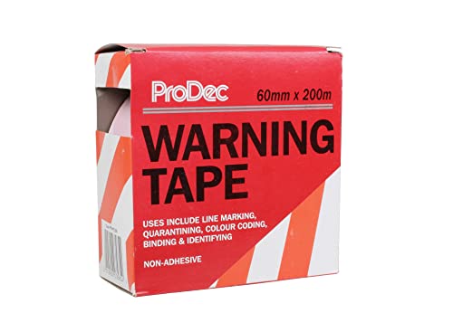 ProDec 60 mm x 200 m nicht klebendes rotes und weißes Chevron-Warnschildband zur Markierung von Sperrbereichen und Hindernissen, Lieferung in einer Spenderbox von ProDec