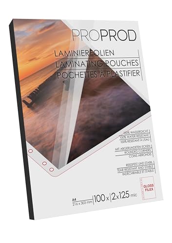 ProProd - Laminierfolien / Laminiertaschen / 11 vorgestanzte Ordner Löcher / - A4 2x125 Mikron - 100 Stück - Glänzend von ProProd