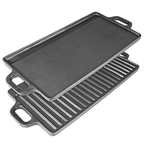 ProSource 2-in-1 Reversible 19.5” x 9” Cast Iron Griddle with Handles, Preseasoned & Non-Stick for Gas Stovetop, Oven, and Open Fire. von ProSource