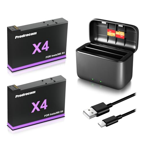 Prodrocam Aktualisierung Akku Ladegeräte mit 2 Batterien für Insta360 X4 Action Kamera Dual-Ports Schnelllade Hub Ladehub, Unterstützt 2 Akkus (Ladegeräte + 2 Akku) von Prodrocam