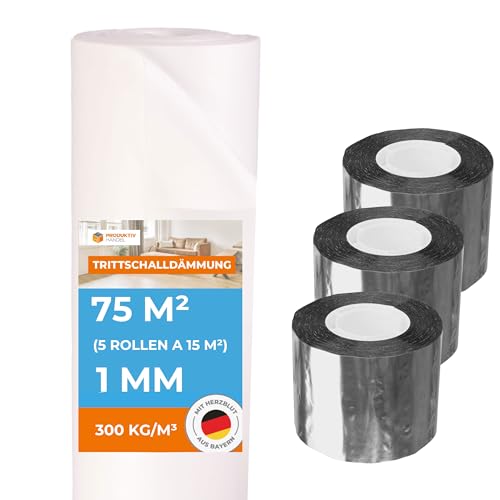 Trittschalldämmung Vinyl 75 m² | Premium Vinylunterlage 1mm stark | 5 Rollen Klick Vinyl Unterlage & 3 Rollen Alu Dichtband | gute Schall- und Wärmedämmung | Fußbodenheizung geeignet von Produktiv Handel