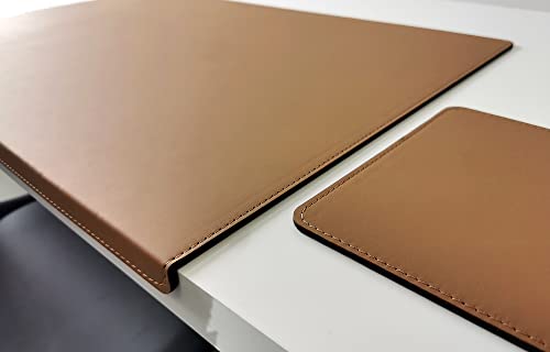 Gewinkelte Schreibtischunterlage mit Kantenschutz +Mauspad Echt Leder Rindsleder 60cm x 38cm Beige von Profi-Mats