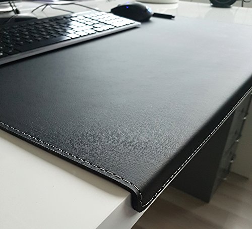 Gewinkelte Schreibtischunterlage mit Kantenschutz Echt Leder 90 x 47 Schwarz Silbergraue Naht von Profi-Mats
