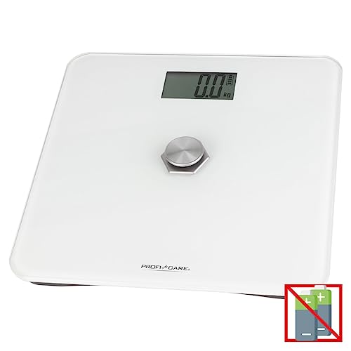 ProfiCare® Personenwaage ohne Batterie | Waage mit Messbereich von 5kg – 180 kg & großem LCD-Display | Personenwaage digital mit kinetischer Energie & Glasoberfläche | PC-PW 3112 weiß von ProfiCare
