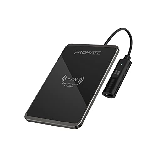 Promate AuraCard-15W, Ultra-Slim Mettalic Qi-zertifiziertes kabelloses 15-W-Schnellladepad mit USB-C™-Eingang, Überspannungsschutz und Rutschfester Basis von Promate