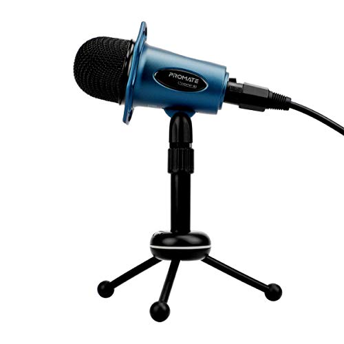 Promate Professional Desktop-Kondensatormikrofon mit integrierter Lautstärkeregelung, verstellbarem Stativ, 3,5-mm-AUX-Konnektivität, Tweeter-8, Blau von Promate