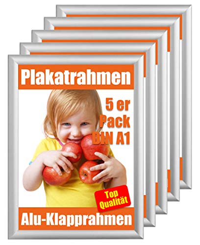 5er Pack DIN A1 Klapprahmen, Alu Klapprahmen 5x A1, 5 Stück Plakatrahmen A1, Posterrahmen, Wechselrahmen, Bilderrahmen, Rahmen, Gehrung Silber von Promo-Station GmbH