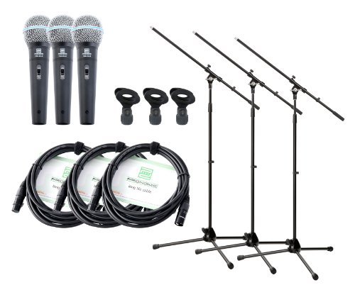 Pronomic DM-58-B Vocal Mikrofon 3X Starter Set - Dynamisches Mikrofon - XLR Kabel mit 5 m Länge -Mikrofonstativ mit Galgen - Klemme - Schwarz von Pronomic