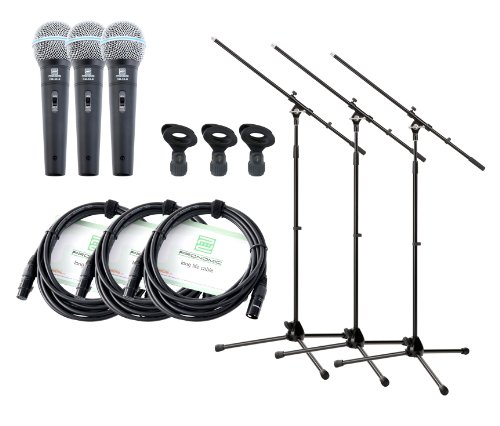 Pronomic DM-58-B Vocal Mikrofon 3x Starter Set - Dynamisches Mikrofon - XLR Kabel mit 5 m Länge -Mikrofonstativ mit Galgen - Klemme - Schwarz von Pronomic