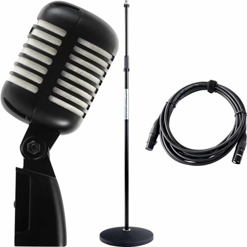 Pronomic DM-66BK/WH Dynamisches Mikrofon Set - Vocal-Mikrofon für Sprache und Gesang - Klassisches Vintage Rockabilly Design - Sparset inklusive Mikrofonstativ und XLR-Kabel - Schwarz/Weiß von Pronomic