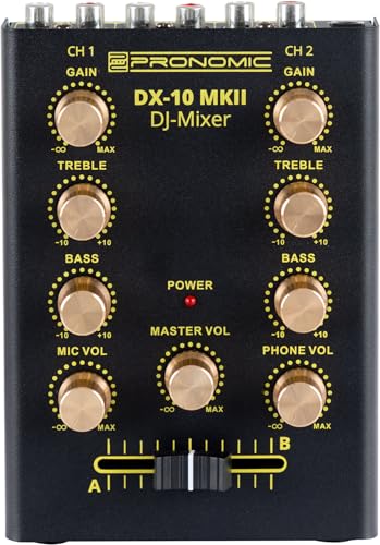 Pronomic DX-10 MKII DJ Mixer - kompakter 2-Kanal-DJ-Mixer mit zwei Line-Eingängen und 2-Band Equalizer - Mikrofoneingang mit separatem Laustärkeregler - Master- und Kopfhörer-Ausgang - schwarz von Pronomic