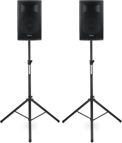 Pronomic E-212 MA Stative Set - 2 aktive 2-Wege Boxen - Leistung: 2X 120 Watt (RMS) - 12" Woofer + 1,0" Kompressions-Treiber - Bluetooth - MP3-Player mit USB/SD - Monitorschräge - inkl. Stative von Pronomic