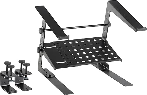 Pronomic LS-210 Deluxe Laptopständer DJ Notebookstativ Laptop Stand (Höhenverstellbar, inkl. Befestigungsklammern, zusätzliche Ablagefläche, ideal für DJs & Musiker, Material: Stahl) Schwarz von Pronomic