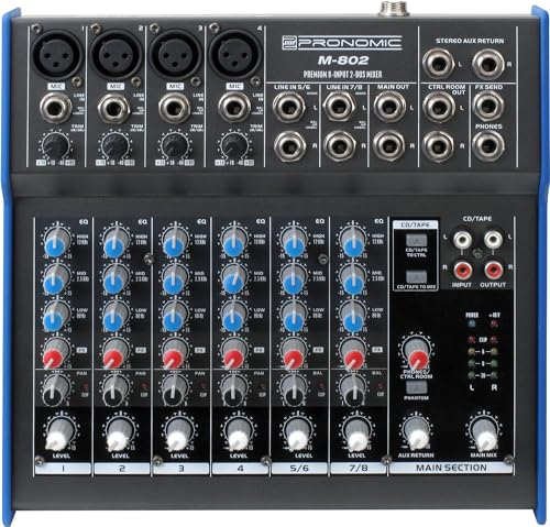Pronomic M-802 Live/Studio Mischpult (4 Mono-Kanäle XLR/Klinke, 2-Stereo Kanäle, 3-Band-EQ, 48V Phantomspeisung) von Pronomic