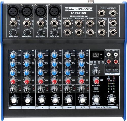 Pronomic M-802FX Live/Studio Mischpult mit digitalem 24bit Multieffektprozessor (4 Mono-Kanäle XLR/Klinke, 2-Stereo Kanäle, 3-Band-EQ, 48V Phantomspeisung) von Pronomic