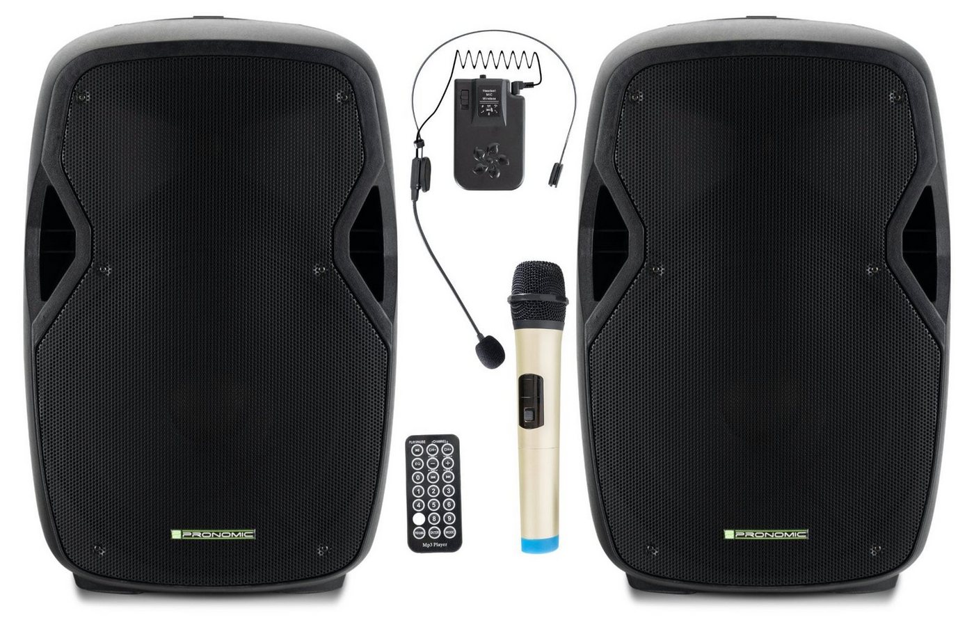 Pronomic MOVE 15MA-A Akku-Aktivbox - Mobile Soundanalage mit 15"-Woofer Lautsprecher (Bluetooth-Schnittstelle, 30 W, Stereo TWS Funktion inkl. Funkmikrofone & Headsets) von Pronomic