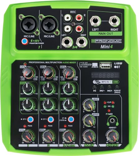 Pronomic Mini4 USB-Mischpult - USB-betriebener 4-Kanal Mixer - 2 Kanäle mit Combobuchsen - Stereo-Eingang - Medienplayer/-recorder mit Bluetooth® und USB - Audio-Interface - Grün von Pronomic