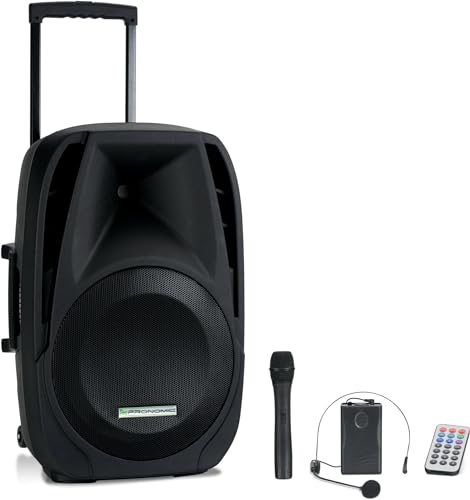 Pronomic PH15AW Akku-Aktivbox 15" (Trolley Box, 15" Speaker, 100 Watt (RMS), 5 Stunden Laufzeit, Bluetooth, MP3/SD/USB-Player, inkl. Funkmikrofon, Headset, Fernbedienung) von Pronomic
